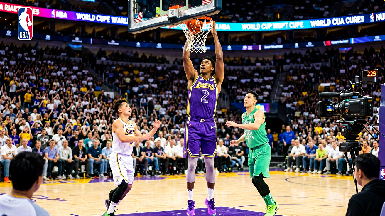 NBA篮球比赛现场，球员扣篮瞬间